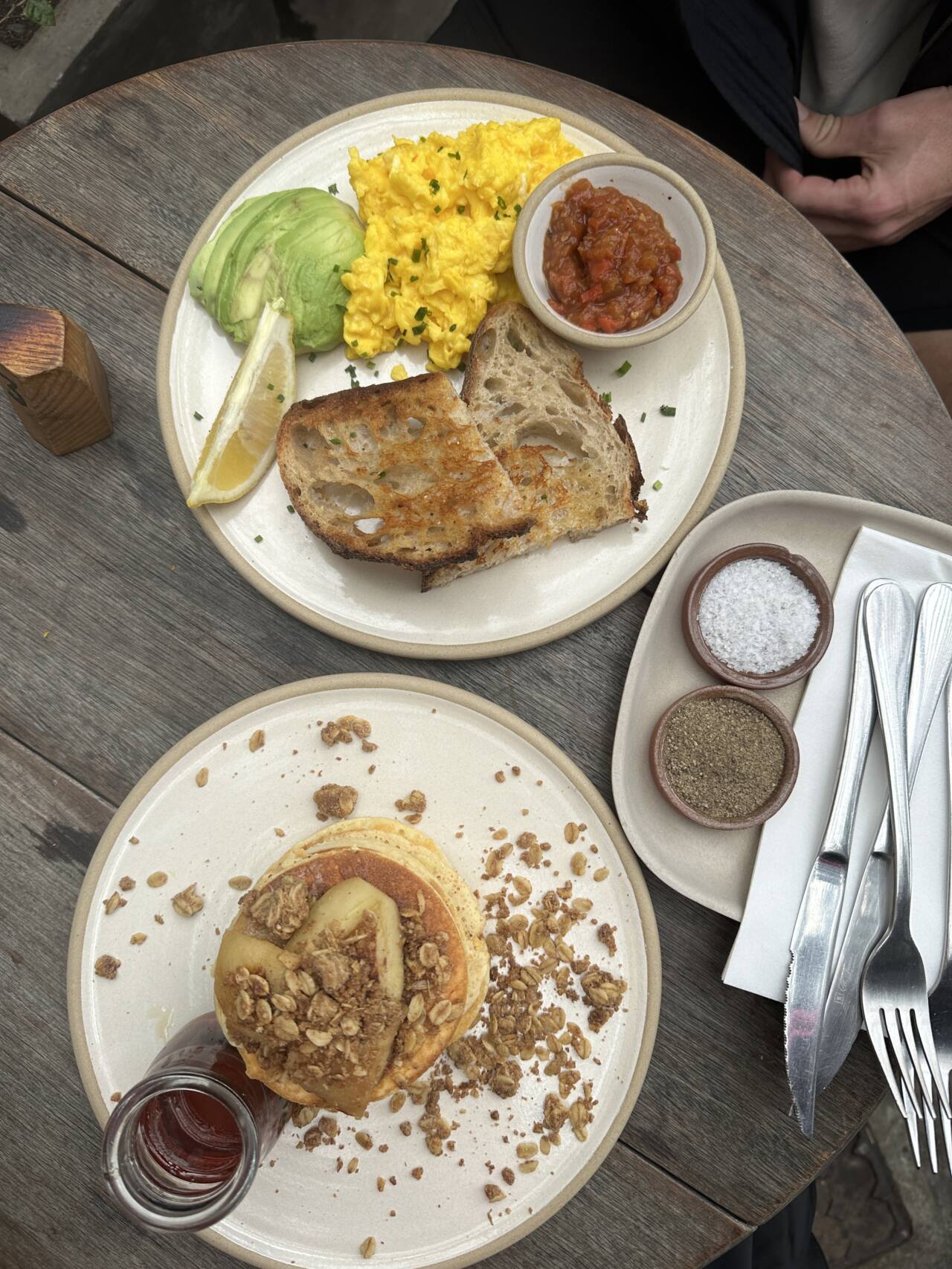 Paulines scrambled eggs and flapjacks