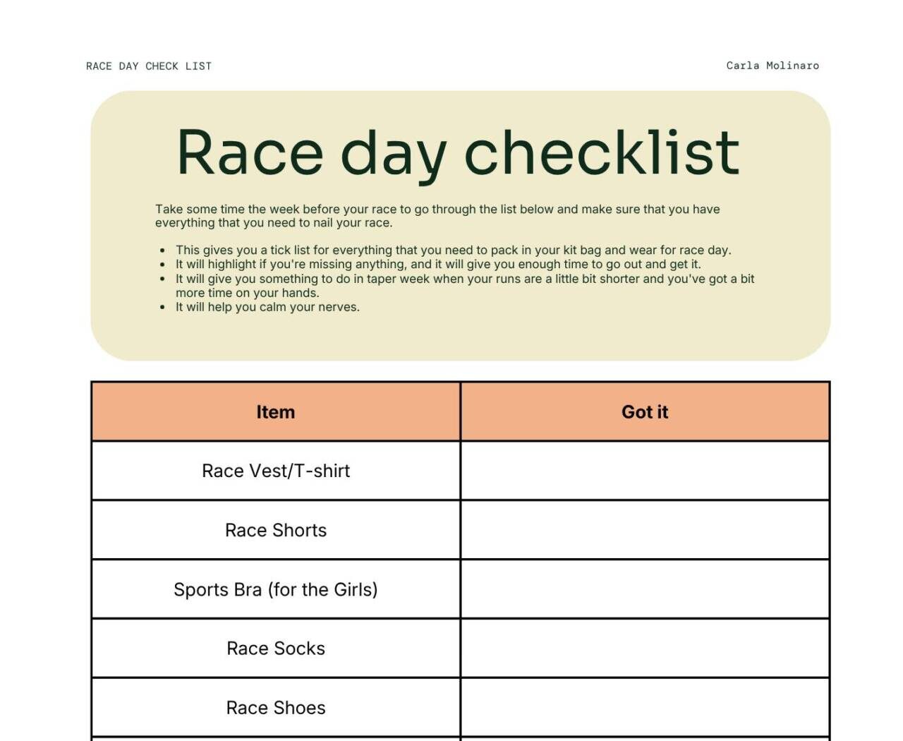 RACE DAY CHECK LIST